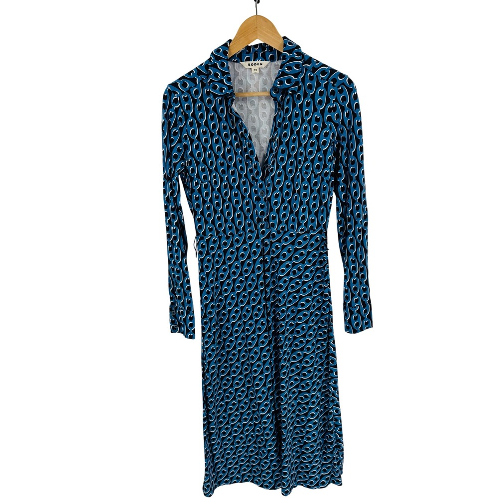 Boden Blue Chain Link Geometric Jersey Midi Dress Size US 4R Old‎ Money Preppy